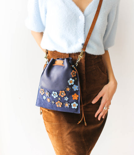 Floral Suede Pouch Bag - Blue