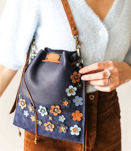 Floral Suede Pouch Bag - Blue