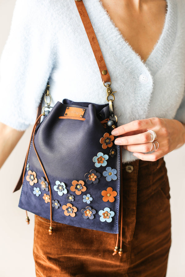 Floral Suede Pouch Bag - Blue
