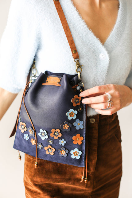 Floral Suede Pouch Bag - Blue