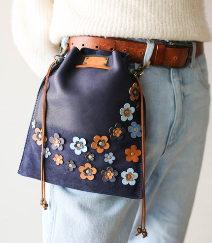 Floral Suede Pouch Bag - Blue
