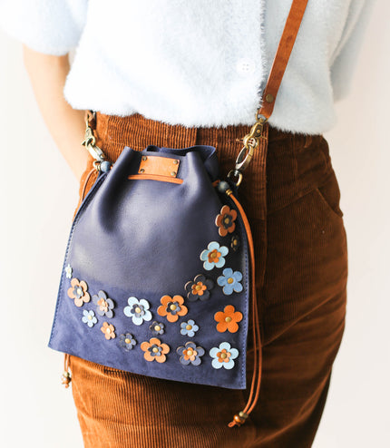 Floral Suede Pouch Bag - Blue
