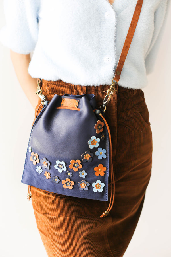 Floral Suede Pouch Bag - Blue