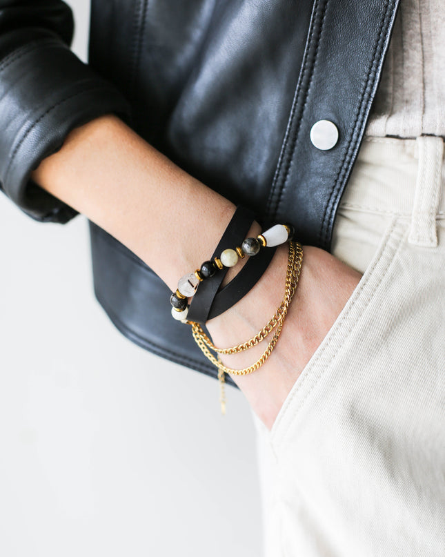 Leather Bracelet with Semi Precious Stones