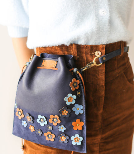Floral Suede Pouch Bag - Blue