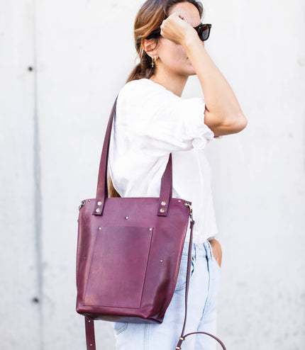 Zip Top Leather Tote Bag
